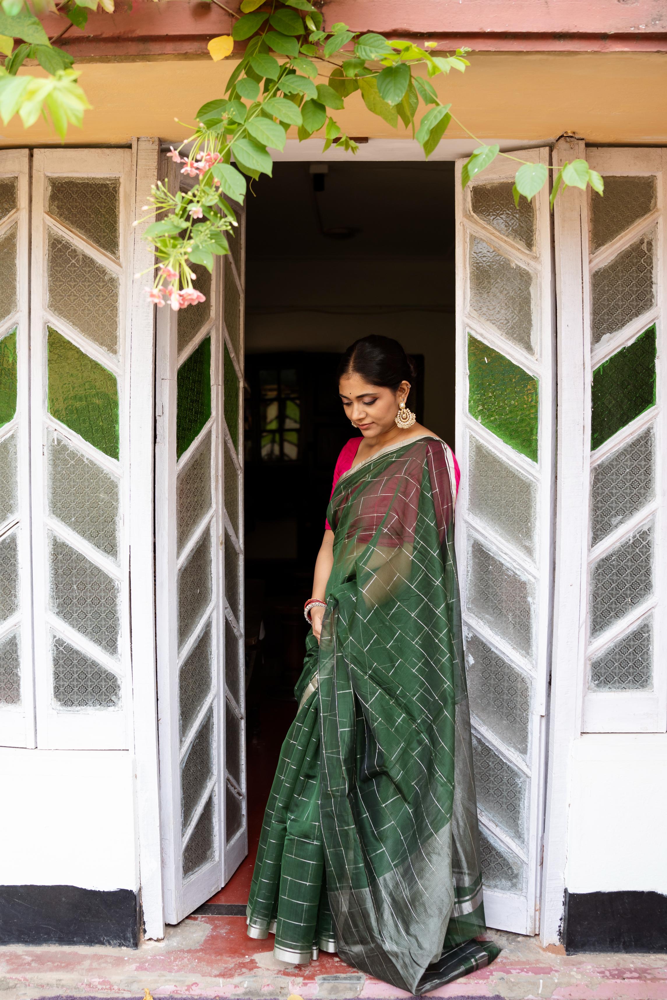 Utsav Olive green silk cotton silver Zari Chanderi Saree (Copy)