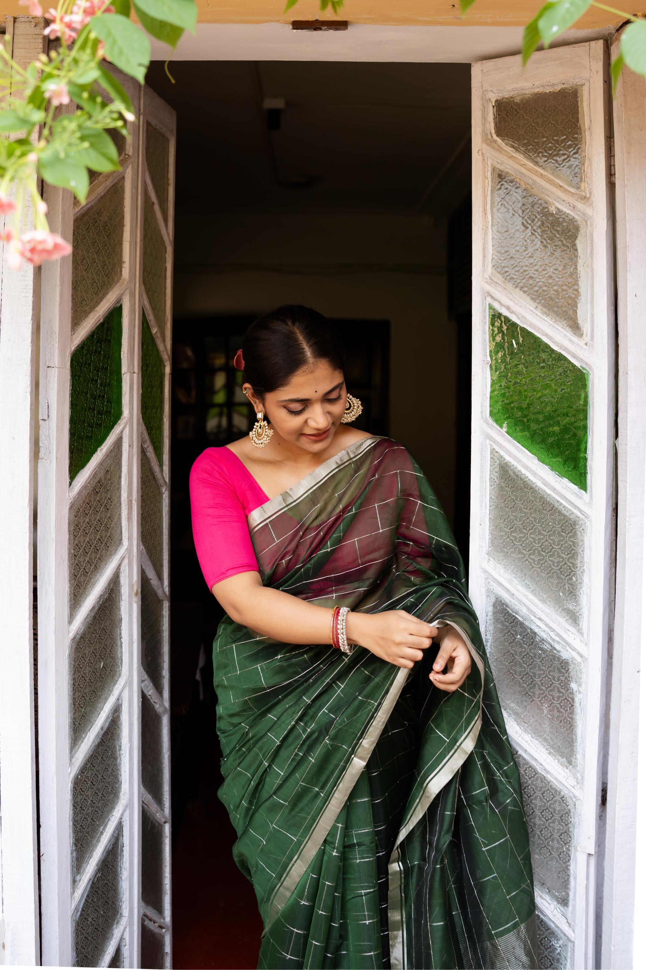 Utsav Olive green silk cotton silver Zari Chanderi Saree (Copy)