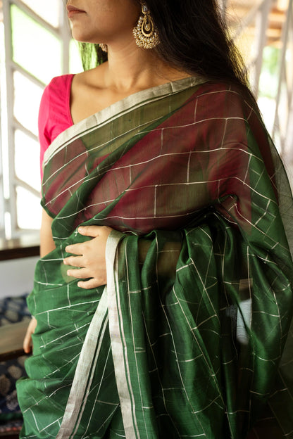 Utsav Silver Zari Green Chanderi  Saree