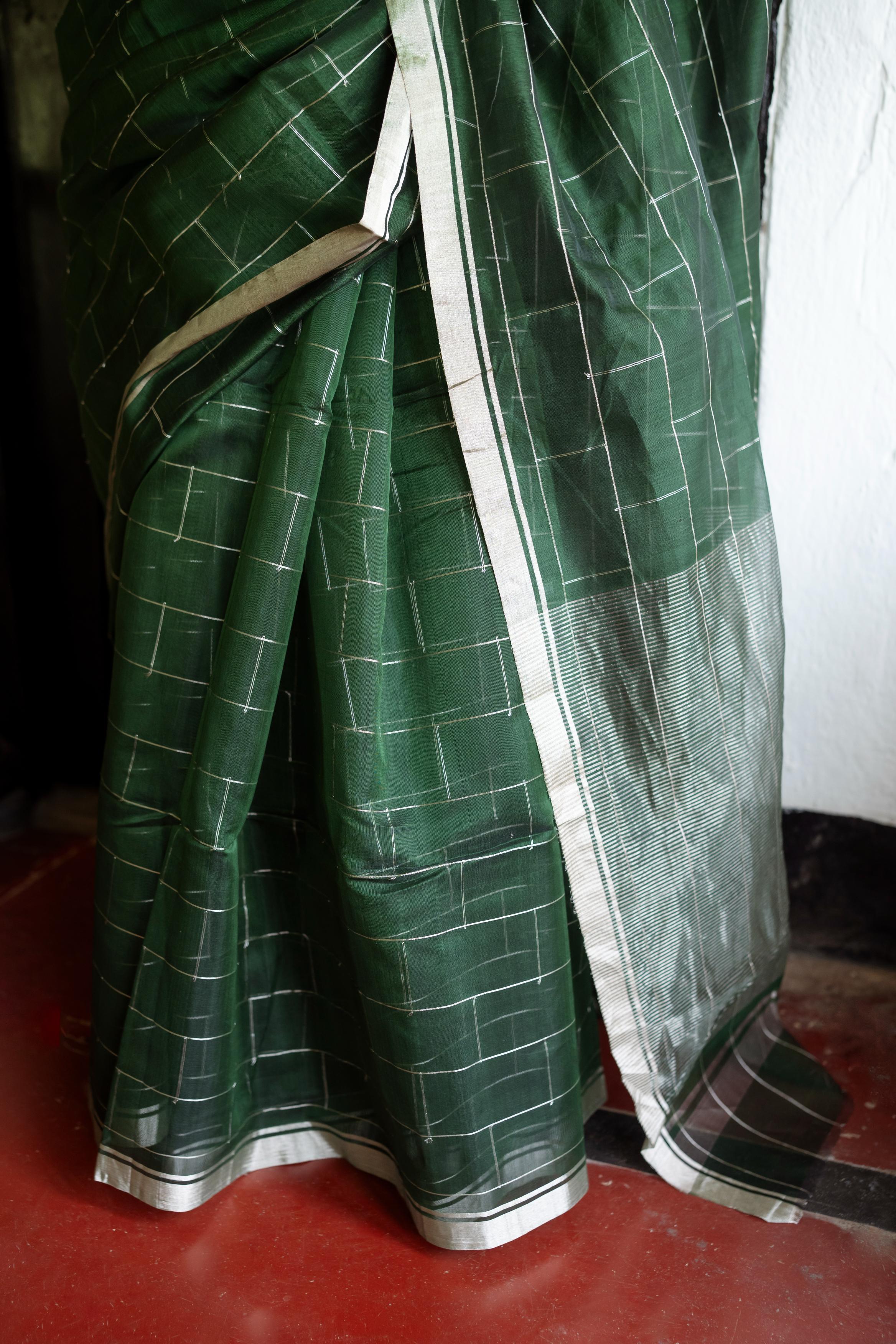 Utsav Olive green silk cotton silver Zari Chanderi Saree (Copy)