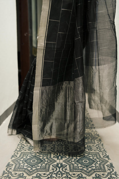 Utsav Silver Zari Black Chanderi  Saree