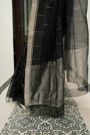 Utsav Black silk cotton silver Zari Chanderi Saree