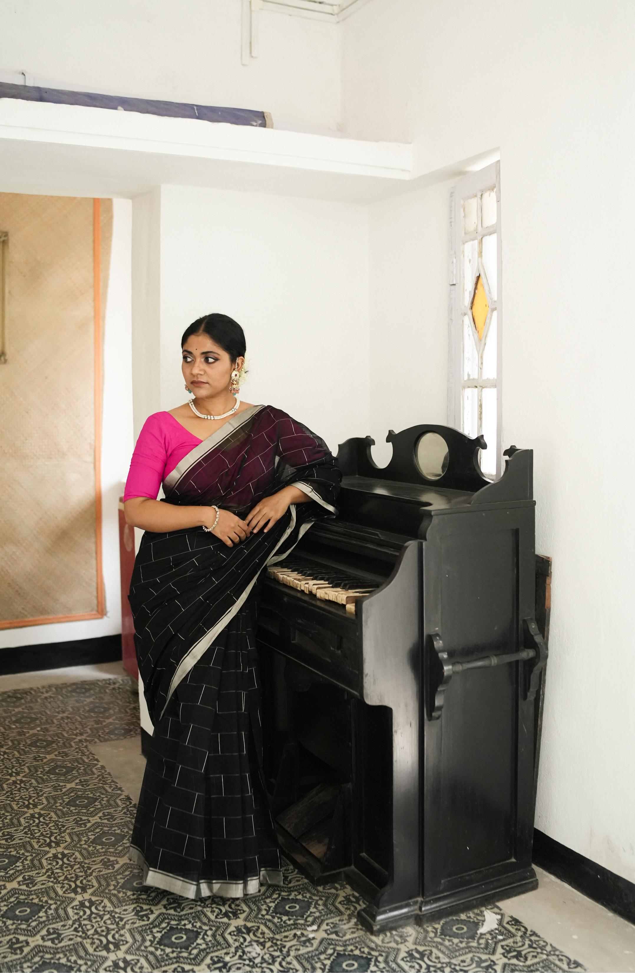 Utsav Black silk cotton silver Zari Chanderi Saree