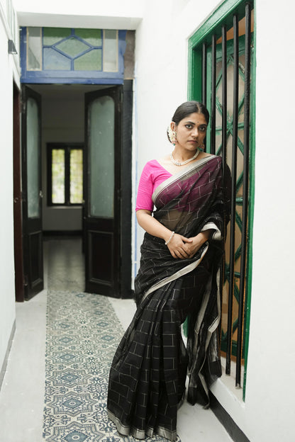 Utsav Silver Zari Black Chanderi  Saree