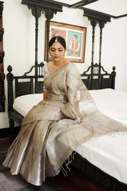 Weaves of Bengal - Sitara  -  Tillottama Grey tissue saree