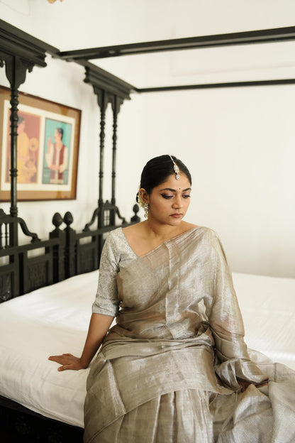 Weaves of Bengal - Sitara  -  Tillottama Grey tissue saree