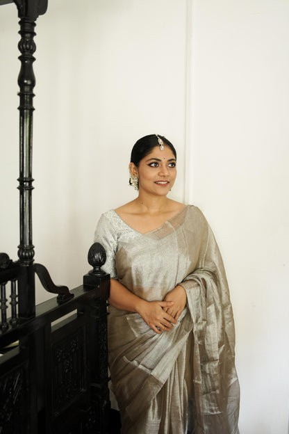 Weaves of Bengal - Sitara  -  Tillottama Grey tissue saree