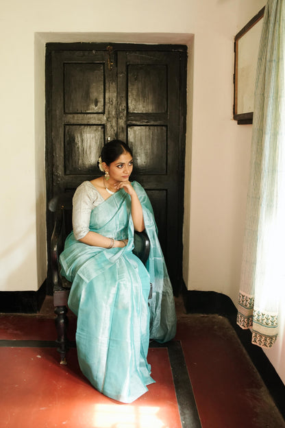 Weaves of Bengal - Sitara  -  Shramila light blue tissue saree