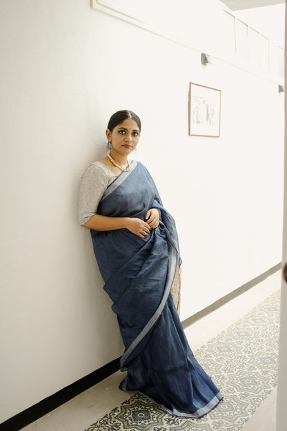 Celebrating Bengal handlooms  - Sitara- Navy Blue linen cotton saree