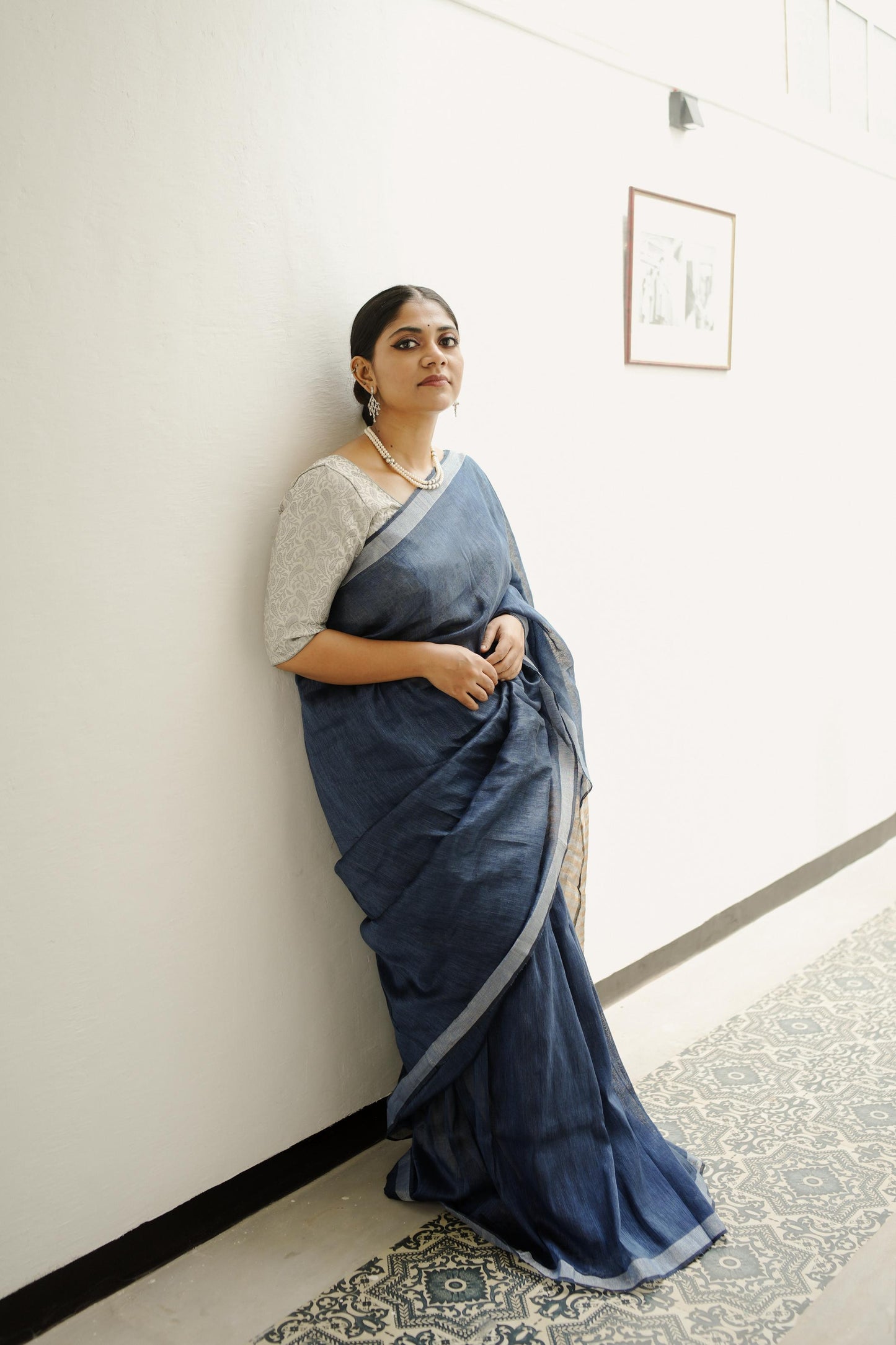 Celebrating Bengal handlooms  - Sitara- Navy Blue linen cotton saree