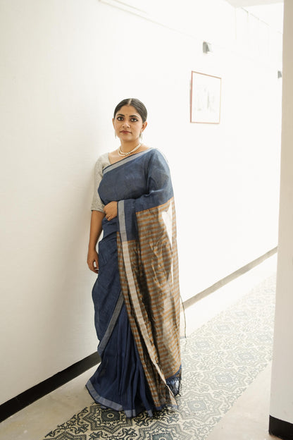 Celebrating Bengal handlooms  - Sitara- Navy Blue linen cotton saree