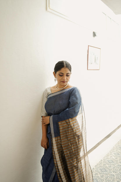 Celebrating Bengal handlooms  - Sitara- Navy Blue linen cotton saree