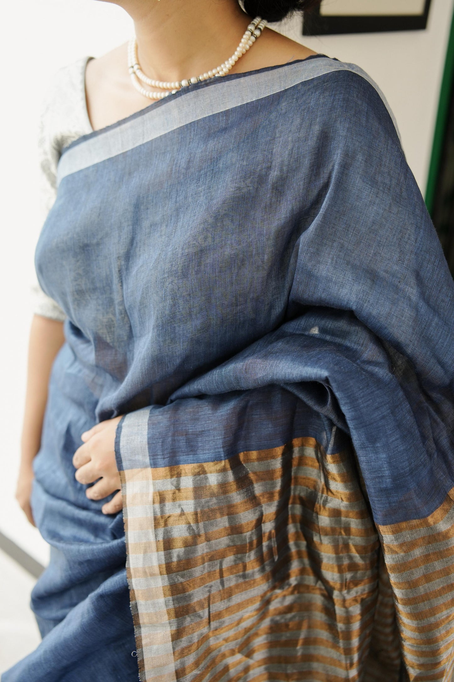 Celebrating Bengal handlooms  - Sitara- Navy Blue linen cotton saree