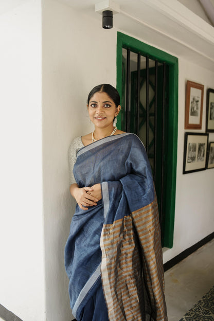 Celebrating Bengal handlooms  - Sitara- Navy Blue linen cotton saree