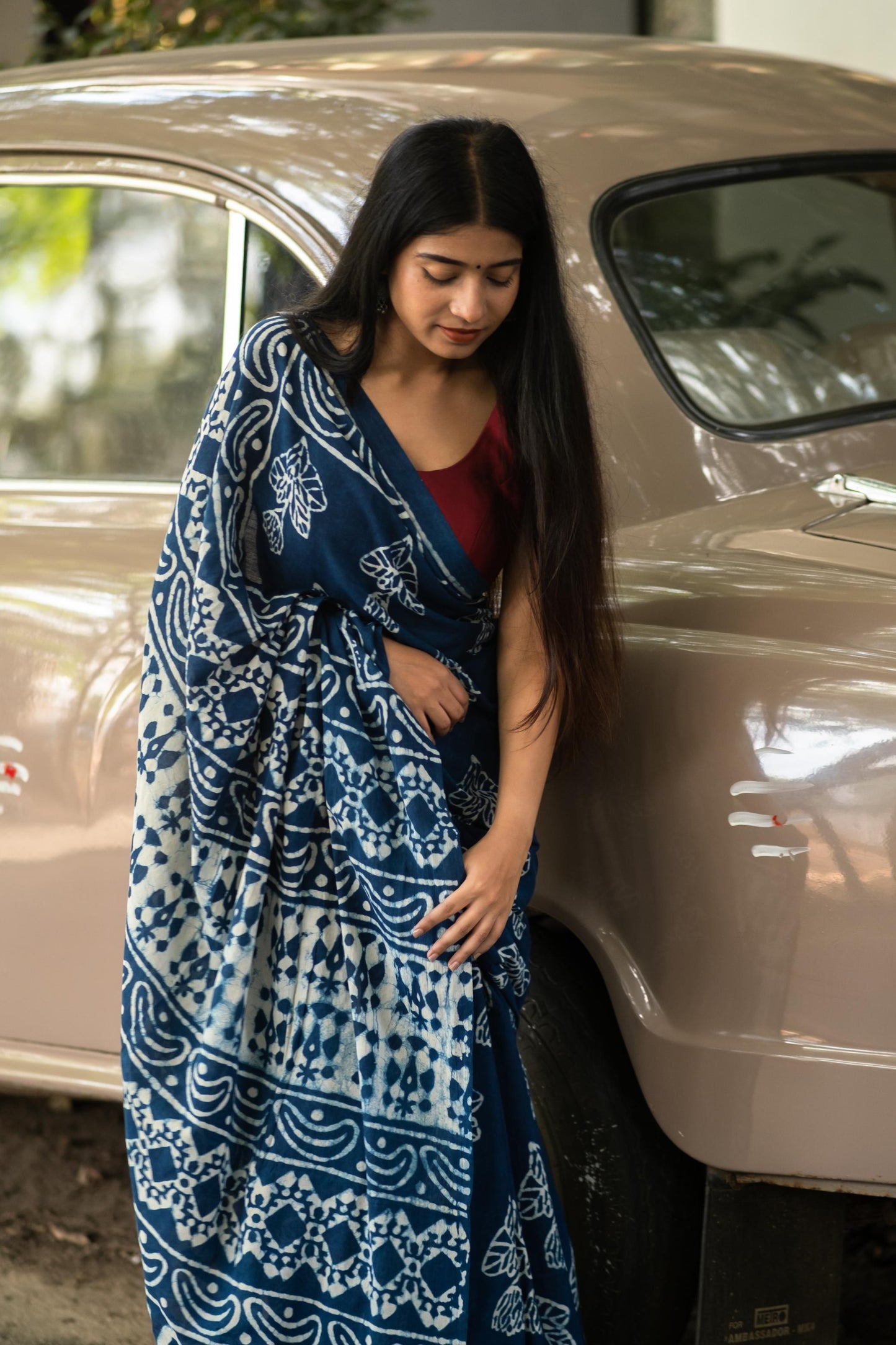 Azo free dyed Dabu cotton sarees - Neelambari