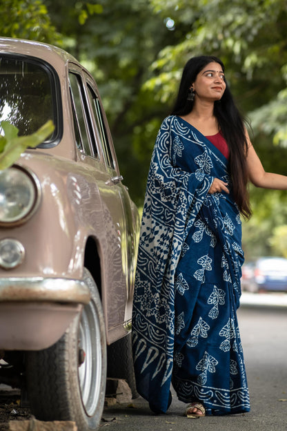 Azo free dyed Dabu cotton sarees - Neelambari