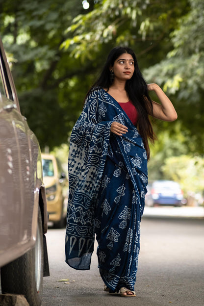 Azo free dyed Dabu cotton sarees - Neelambari