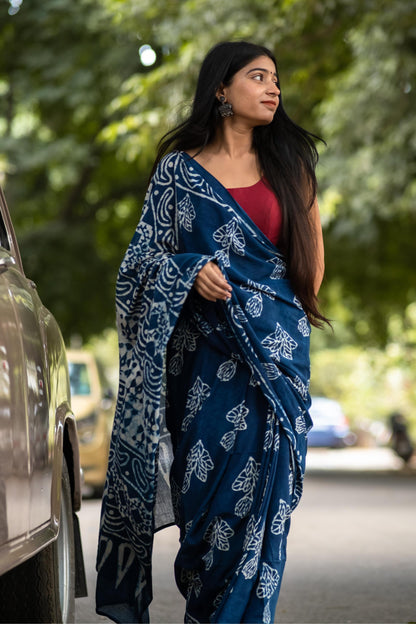 Azo free dyed Dabu cotton sarees - Neelambari