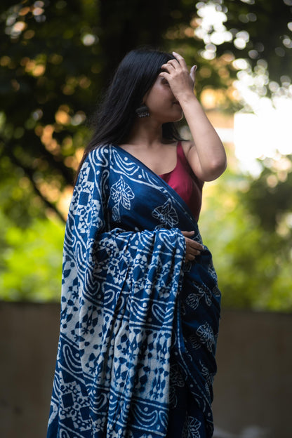 Azo free dyed Dabu cotton sarees - Neelambari