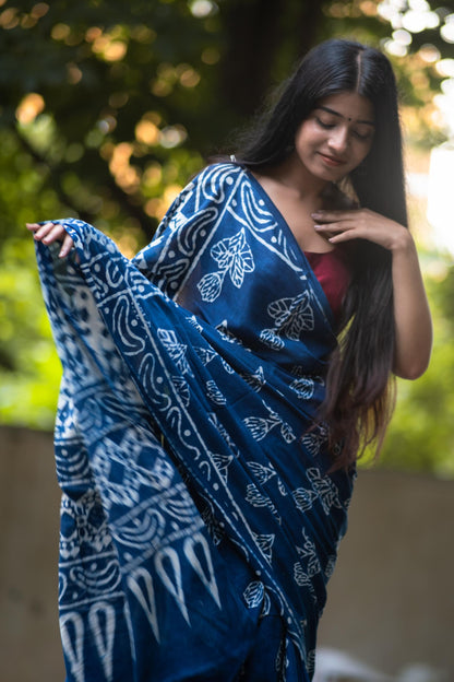 Azo free dyed Dabu cotton sarees - Neelambari