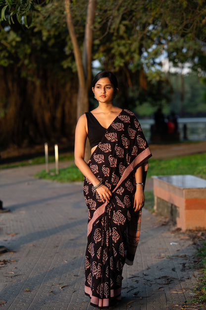 Natural dyed Bagh print sarees - Chitara - Gul