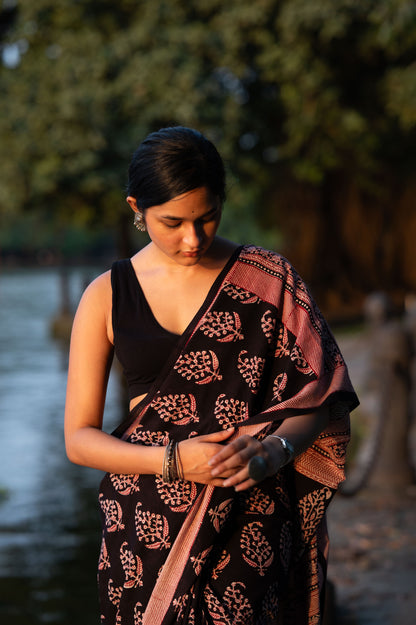 Natural dyed Bagh print sarees - Chitara - Gul