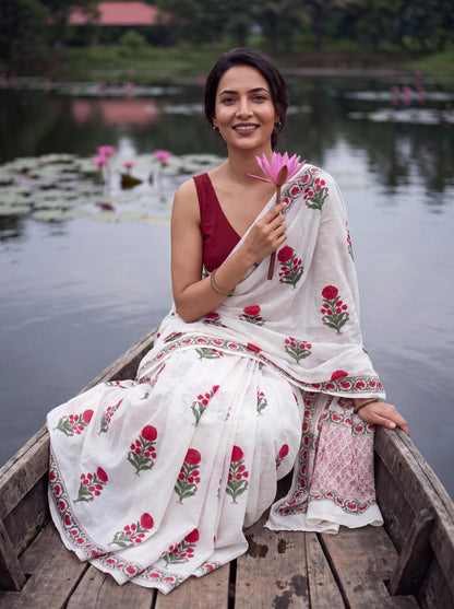 Kamal – Red Sanganeri Block Print Mulmul Saree | Kaisori