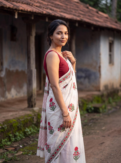 Kamal – Red Sanganeri Block Print Mulmul Saree | Kaisori