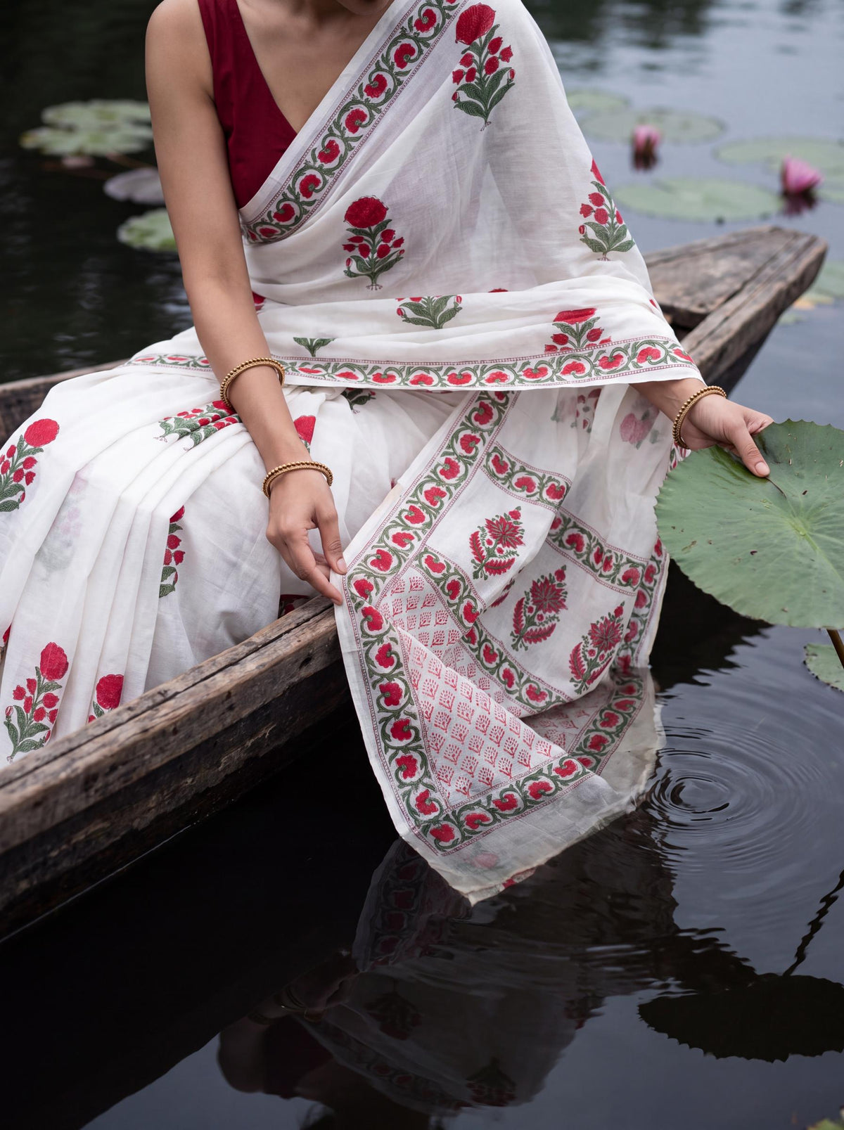 Kamal – Red Sanganeri Block Print Mulmul Saree | Kaisori