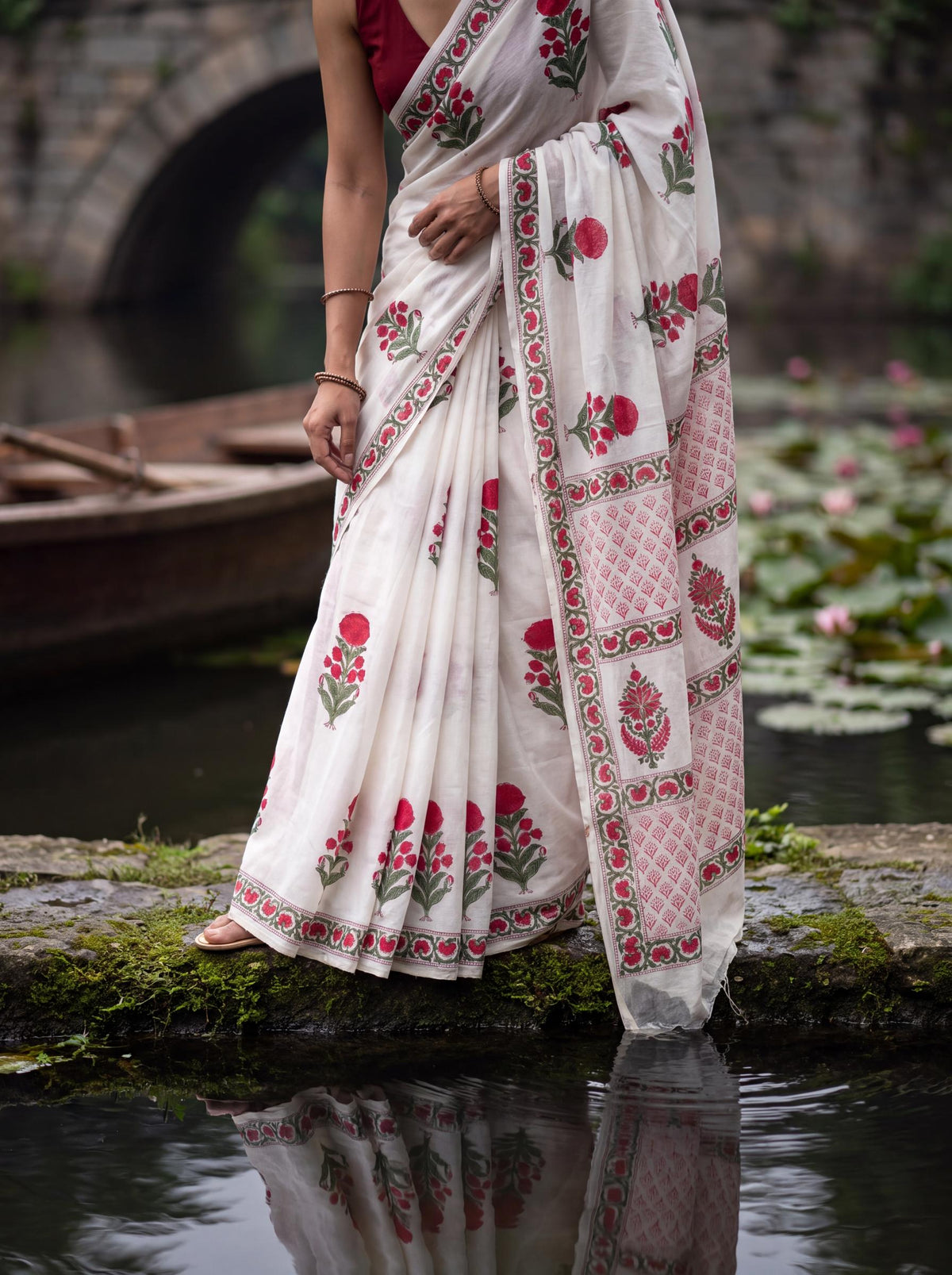 Kamal – Red Sanganeri Block Print Mulmul Saree | Kaisori