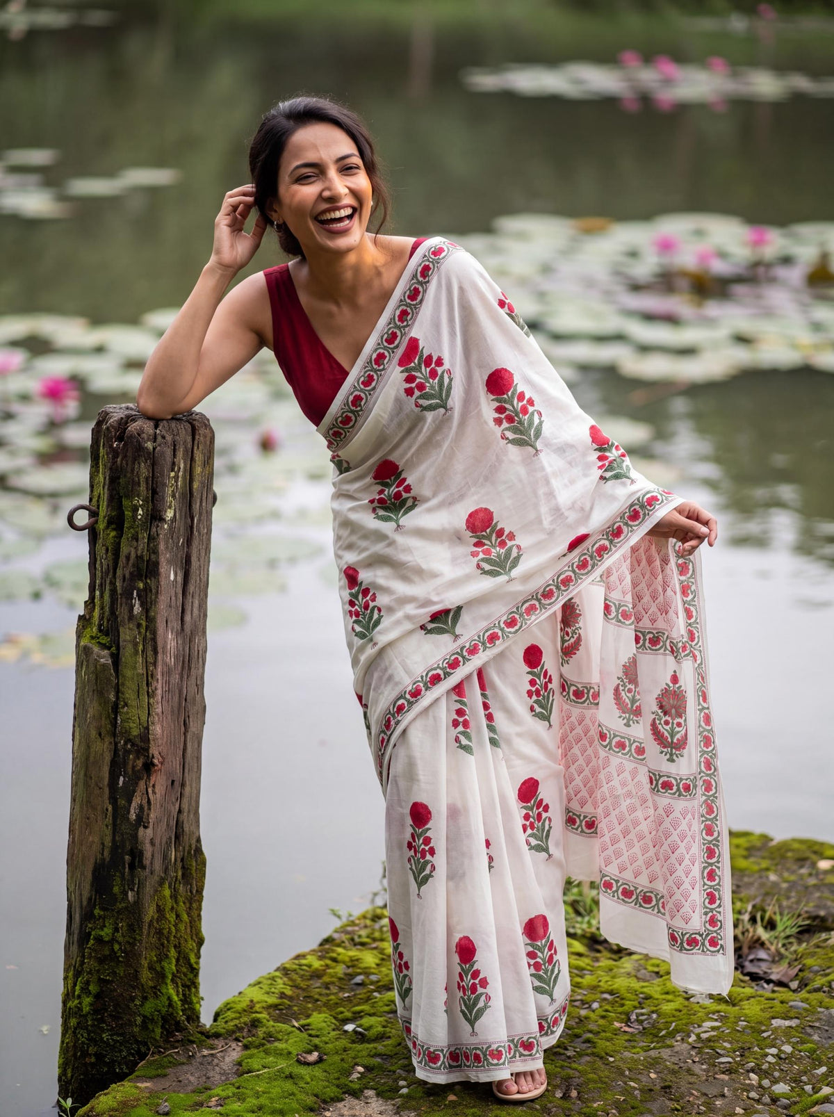 Kamal – Red Sanganeri Block Print Mulmul Saree | Kaisori