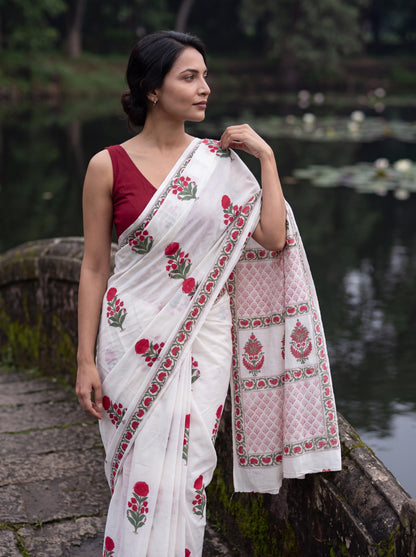 Kamal – Red Sanganeri Block Print Mulmul Saree | Kaisori