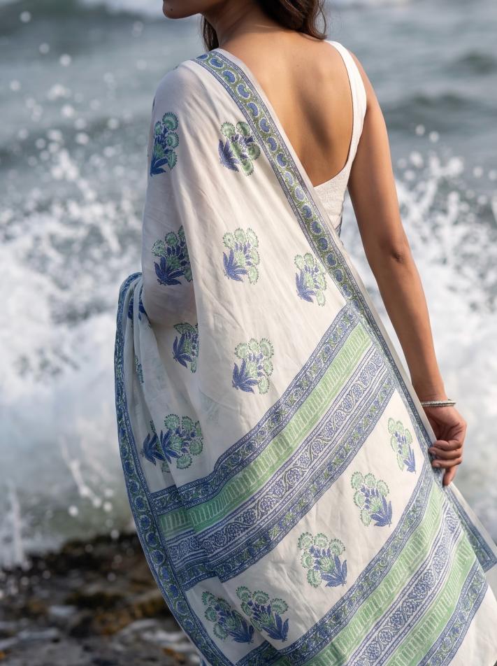 Leher  – Blue Sanganeri Block Print Mulmul Saree