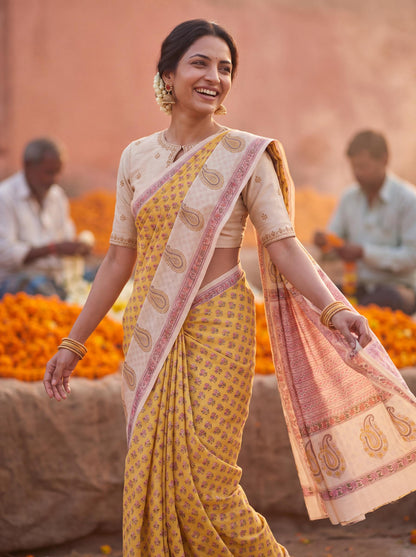 Suhasini – Pink Sanganeri Block Print Mulmul Saree