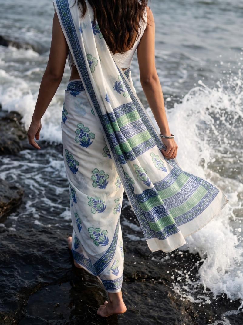 Leher  – Blue Sanganeri Block Print Mulmul Saree