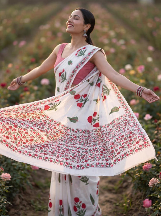 Gulnaar – Pink Sanganeri Block Print Mulmul Saree | Kaisori