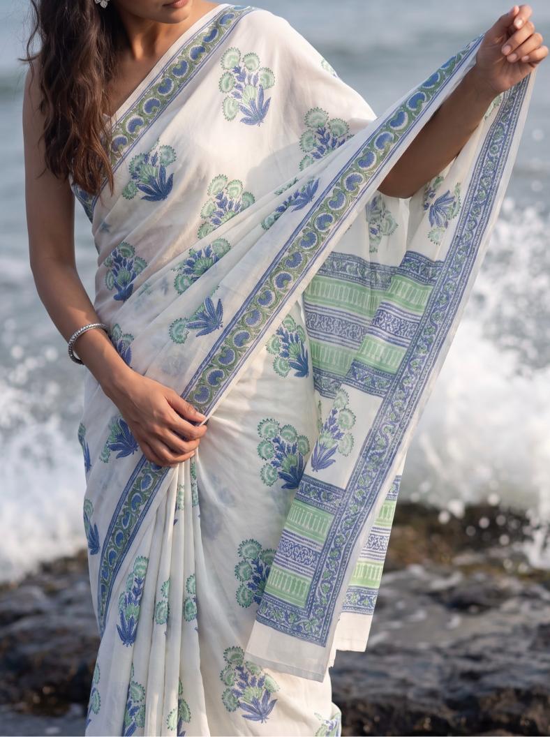 Leher  – Blue Sanganeri Block Print Mulmul Saree