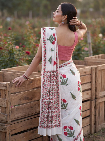 Gulnaar – Pink Sanganeri Block Print Mulmul Saree | Kaisori