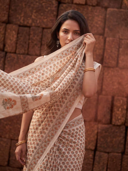 Kamal  – Yellow Sanganeri Block Print Mulmul Saree