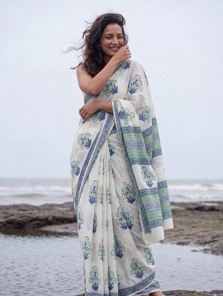Leher  – Blue Sanganeri Block Print Mulmul Saree