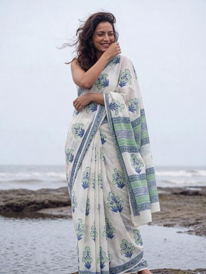 Leher  – Blue Sanganeri Block Print Mulmul Saree