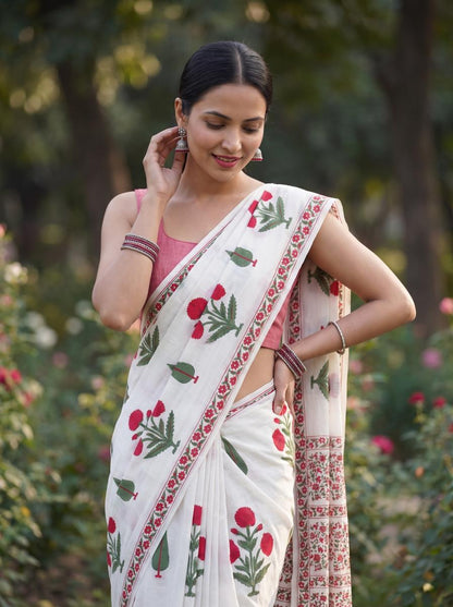 Gulnaar – Pink Sanganeri Block Print Mulmul Saree | Kaisori