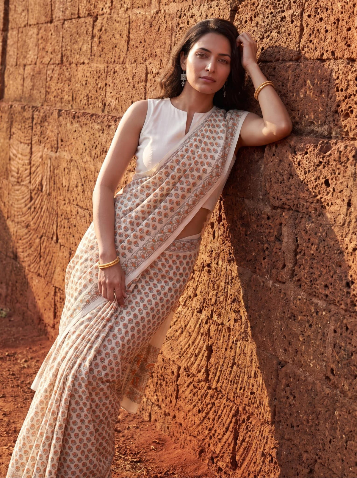 Kamal  – Yellow Sanganeri Block Print Mulmul Saree