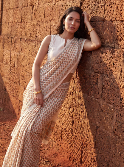 Kamal  – Yellow Sanganeri Block Print Mulmul Saree