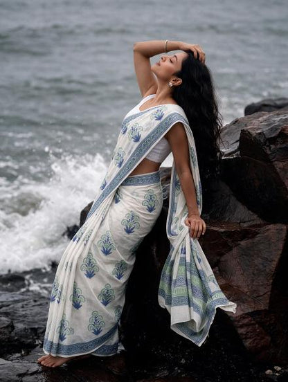 Leher  – Blue Sanganeri Block Print Mulmul Saree