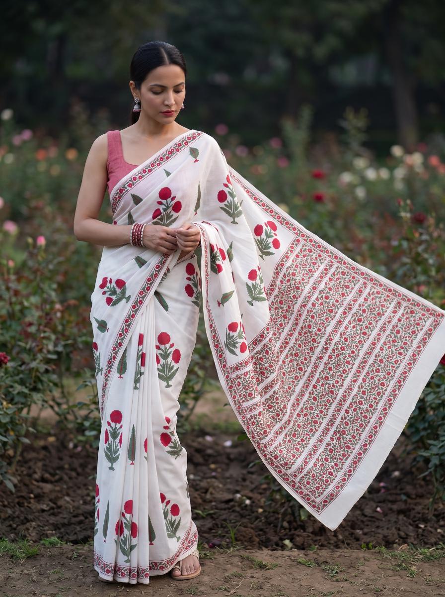 Gulnaar – Pink Sanganeri Block Print Mulmul Saree | Kaisori