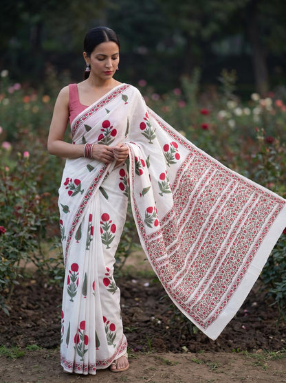 Gulnaar – Pink Sanganeri Block Print Mulmul Saree | Kaisori