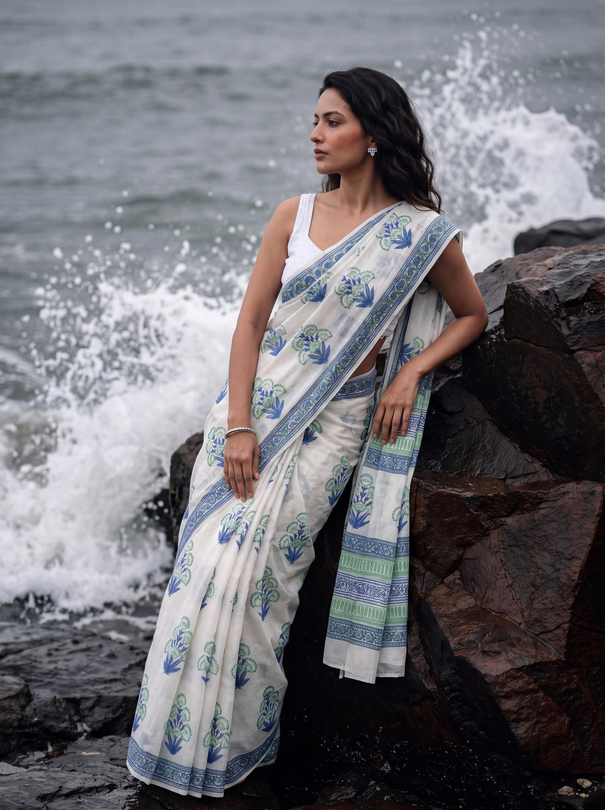 Leher  – Blue Sanganeri Block Print Mulmul Saree
