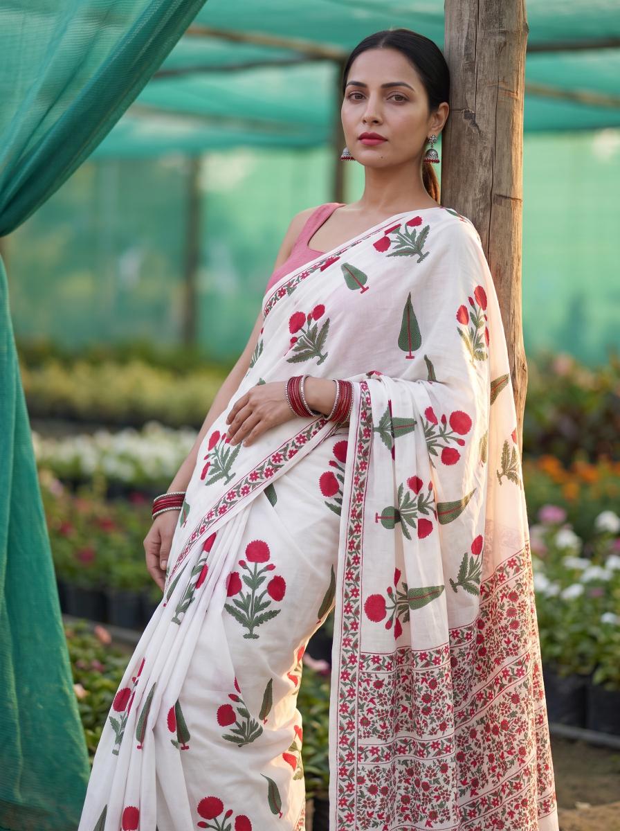 Gulnaar – Pink Sanganeri Block Print Mulmul Saree | Kaisori