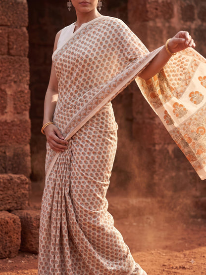 Kamal  – Yellow Sanganeri Block Print Mulmul Saree